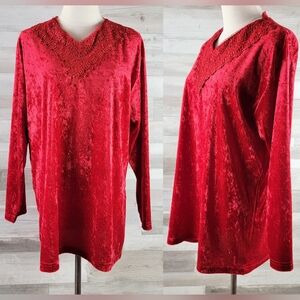 Vintage Bentley Crushed Red Velvet Lace Trim V-Neck Top Women's XL